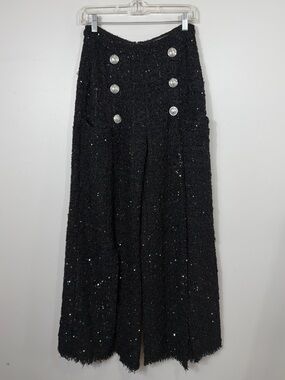 Balmain Paris Black Tweed Sequin Wide Leg Pants High Slit Sailor Button Fringe